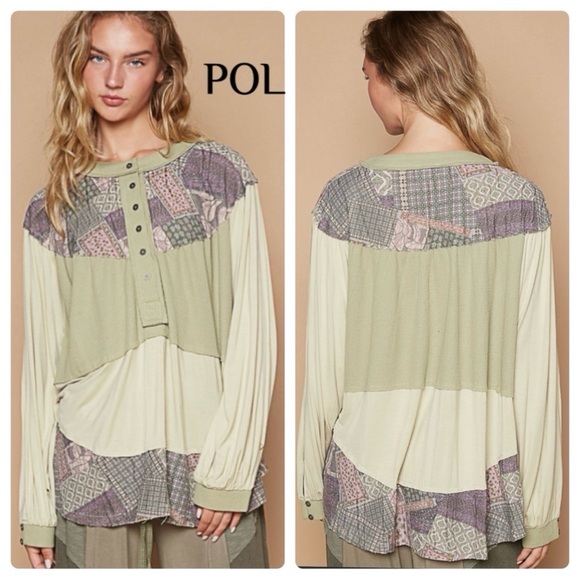 POL Tops - POL Women's Patchwork Button Down Shirt in Green